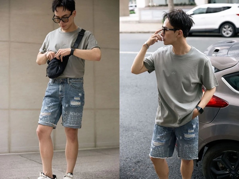 Phối quần short jean denim với áo thun trơn