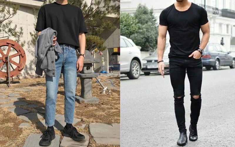 Phối áo phông đen và quần jean đơn giản