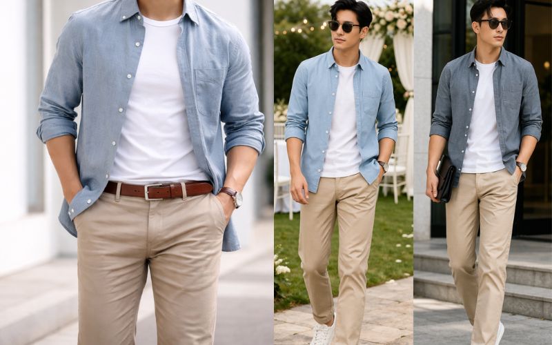Áo sơ mi phối áo thun trắng cùng quần kaki