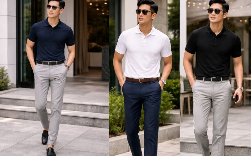 Kết hợp áo thun có cổ với quần âu 